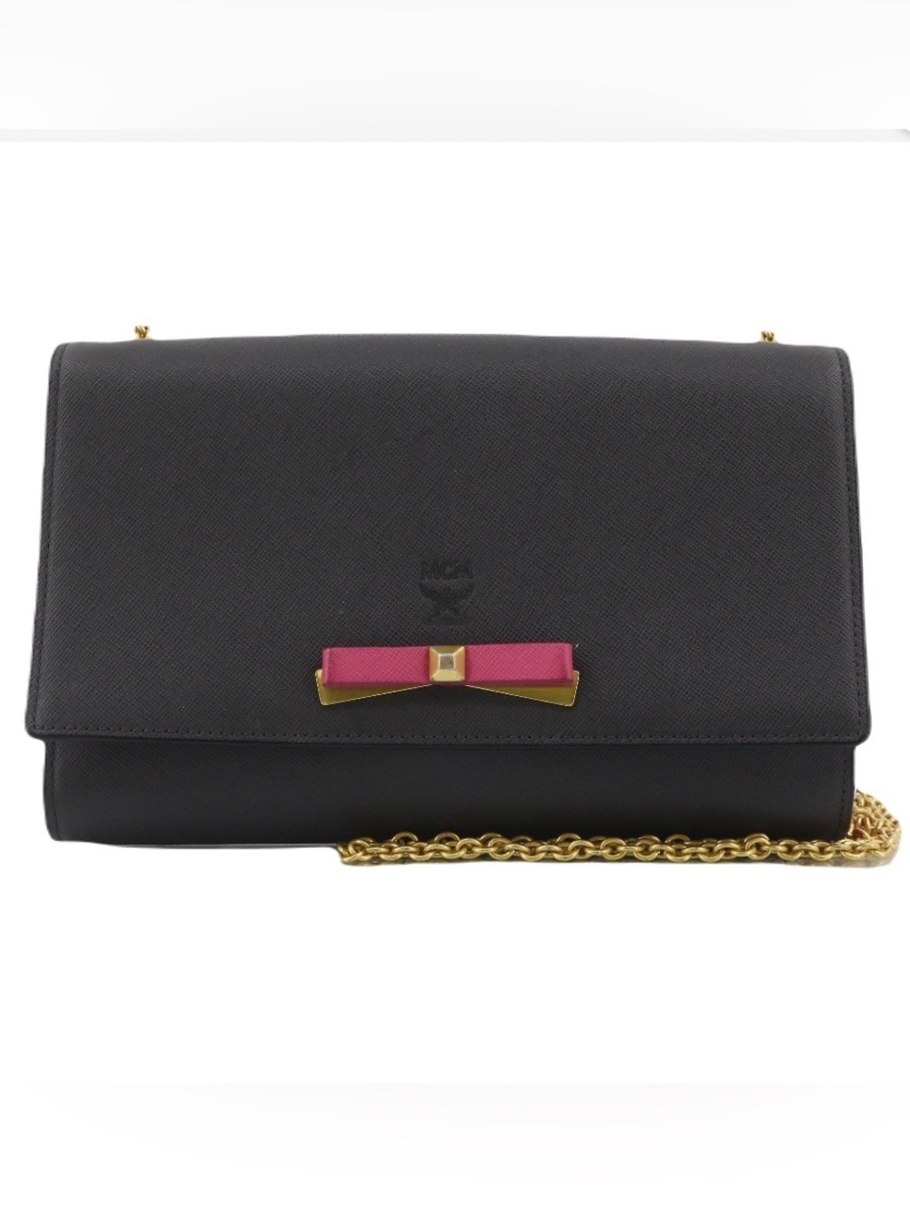 MCM Mina Black Leather Pink Bow Gold Chain Crossbody Clutch